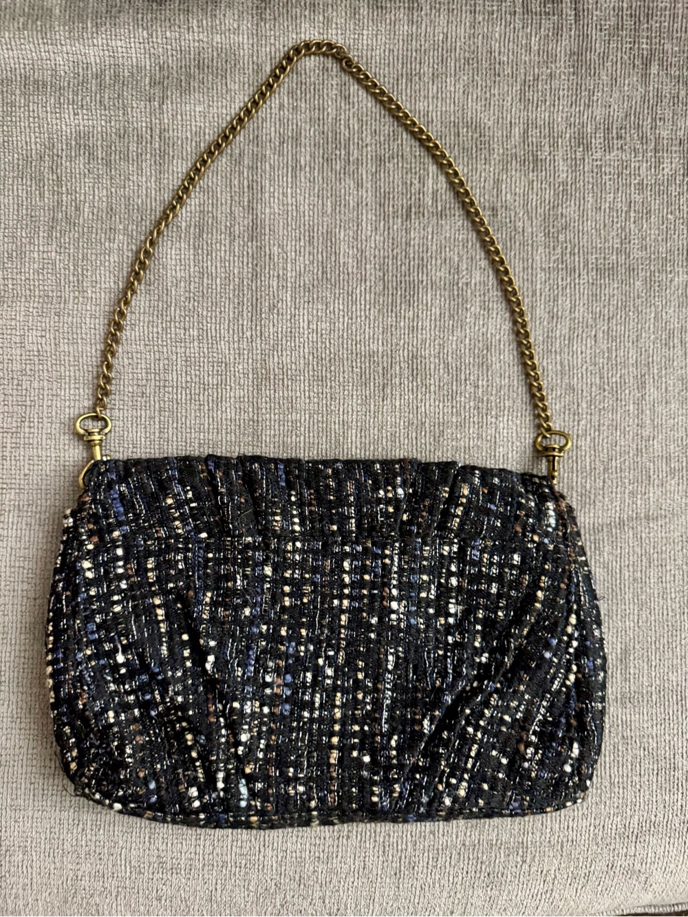 Ann Taylor LOFT Navy Blue Tweed Clutch with Gold Chain Strap